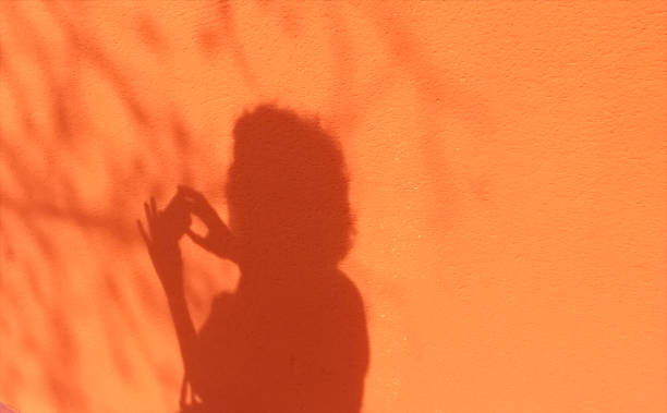 istock shadow of woman  reflected in a whitewashed wall in orange color 1011452452