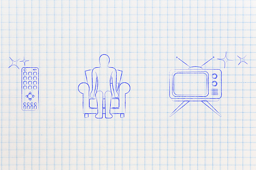 person watching tv on the couch, restro style television and remote control illustration set