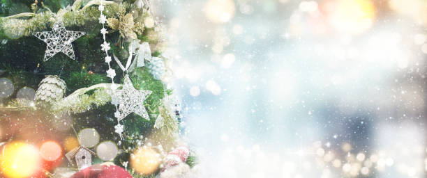 istock Christmas tree with ornaments.  Holiday glowing backdrop. Defocused Background With Blinking Stars. Blurred Bokeh. 1011467436