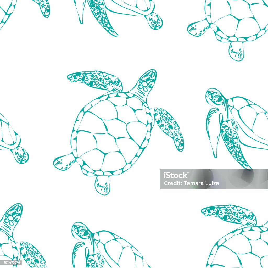 Sea turtles seamless background Seamless pattern of sea turtles on white background. Vector illustration Printmaking Technique stock vector