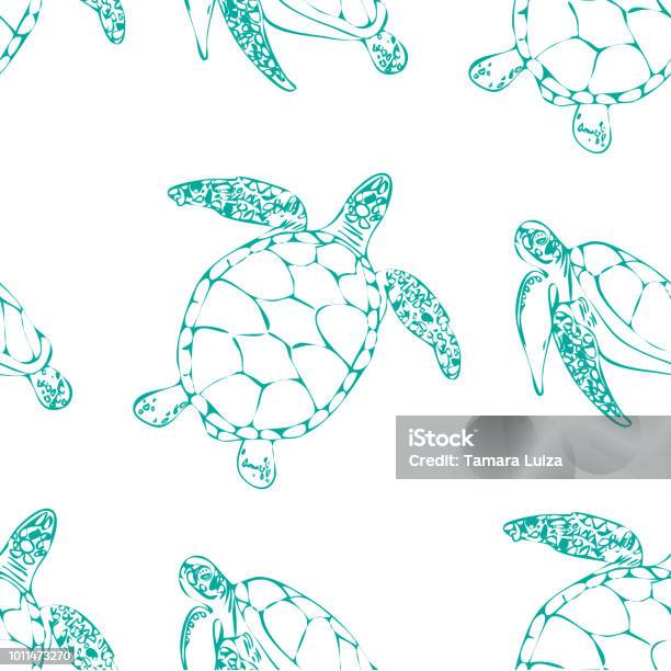 Sea Turtles Seamless Background Stock Illustration - Download Image Now - Printmaking Technique, Tortoise, Turtle