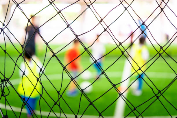 istock Soccer training net blur on training ground with children 1011473642