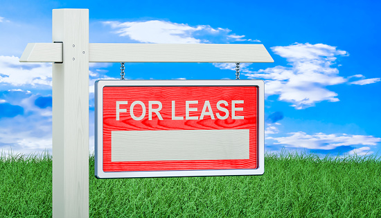 For Lease sign in green grass, 3d rendering