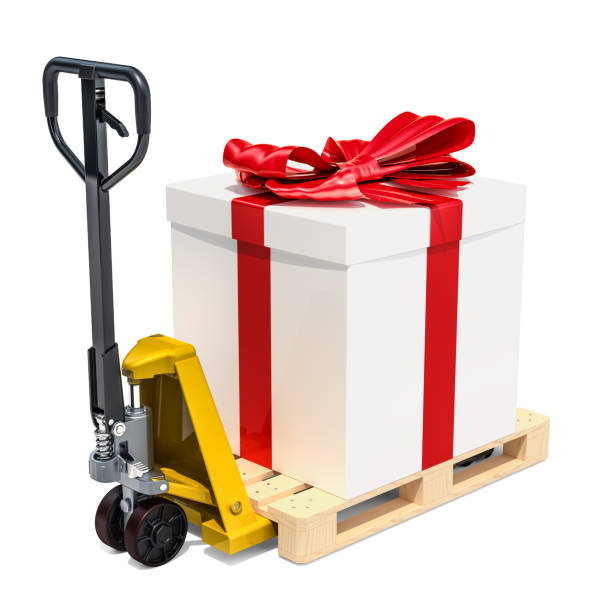istock Pallet truck with gift box. Gift delivery concept, 3D rendering isolated on white background 1011476522