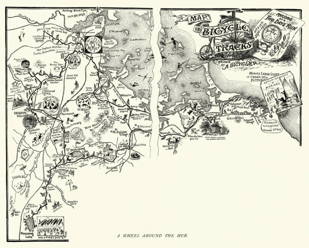 Vintage engraving of  map of a victorian cycle route around Boston and the surrounding area, 19th Century