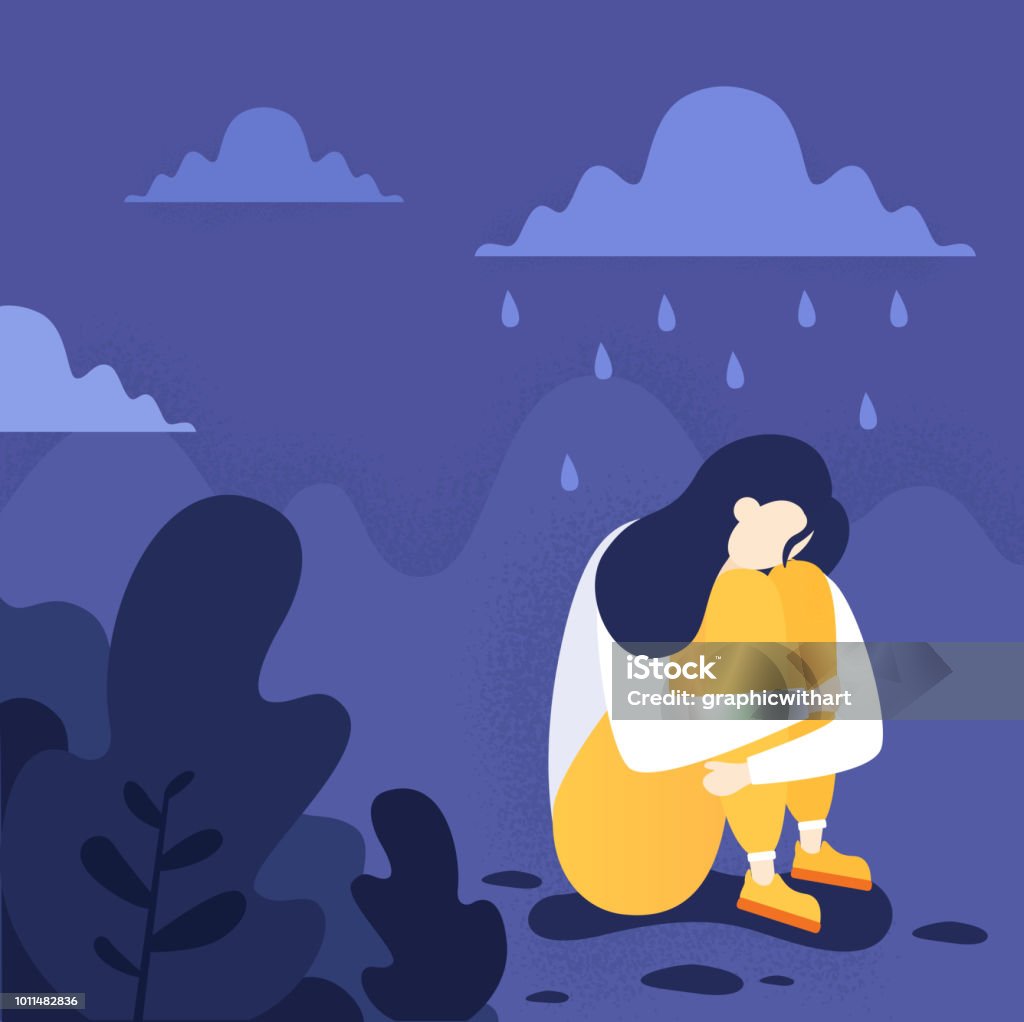 Depressed person An illustration of a depressed person sitting on the floor. Mental health, including PTSD and suicide prevention Suicide stock illustration