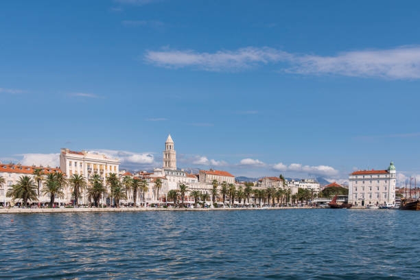 View of the coastline of Split, Croatia. The bell tower of the Cathedral of Saint Domnius became the well know symbol of Split. The city is an Unesco World Heritage site.