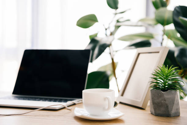 istock closeup view of coffee cup, laptop, potted plants and photo frame on table 1011489310
