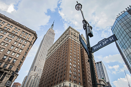 Low angle view of the Empire State Building amidst other buildings.