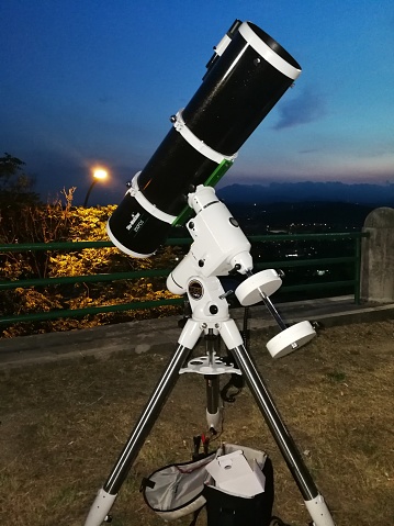 Benevento, Campania, Italy - 27 July 2018: Skywatcher 200 PDS telescope at the gardens of Viale Atlantici on the occasion of the lunar eclipse
