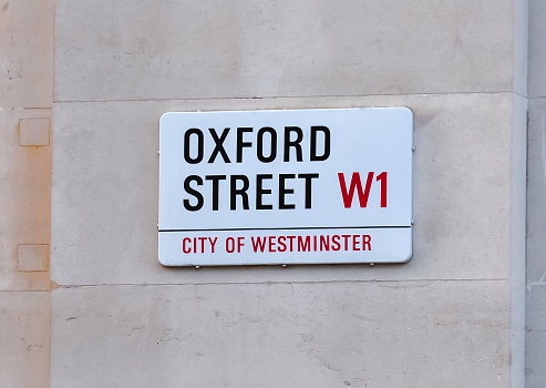 Oxford street in City of Westminster sign, London, UK