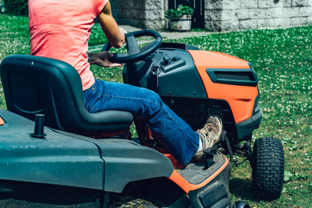 istock Woman cutting grass with a ride-on lawnmower 1011501100