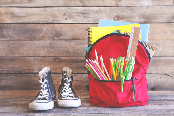istock Backpack with school supplies on wooden table 1011505696