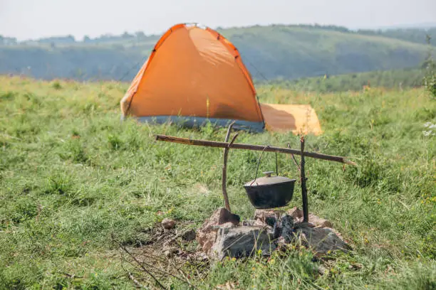 Photo of rest and overnight wild tent river canyon