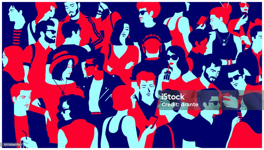 Stylized silhouette of crowd of people mixed group hanging out, chatting and drinking minimal flat design vector illustration Stylized silhouette of crowd of people, casual mixed group of young adults hanging out, chatting or drinking gathered for nightlife event, simple minimal pop art style flat design vector illustration People stock vector