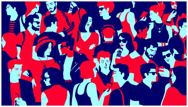 Vector illustration of Stylized silhouette of crowd of people mixed group hanging out, chatting and drinking minimal flat design vector illustration