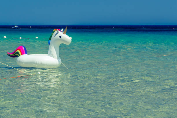 inflatable float in the shape of a unicorn moored at sea - nobody inflatable equipment rope imagens e fotografias de stock