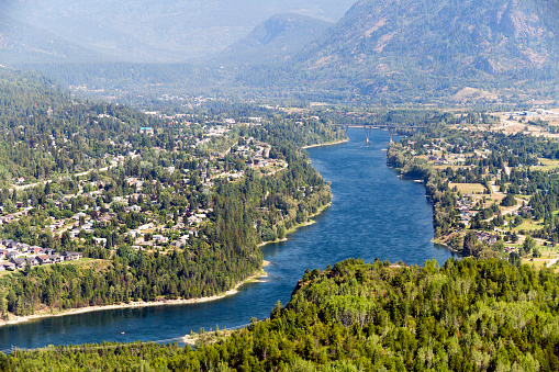 View of the Columbia River and Selkirk Mountains in Castlegar, British Columbia, Canada.