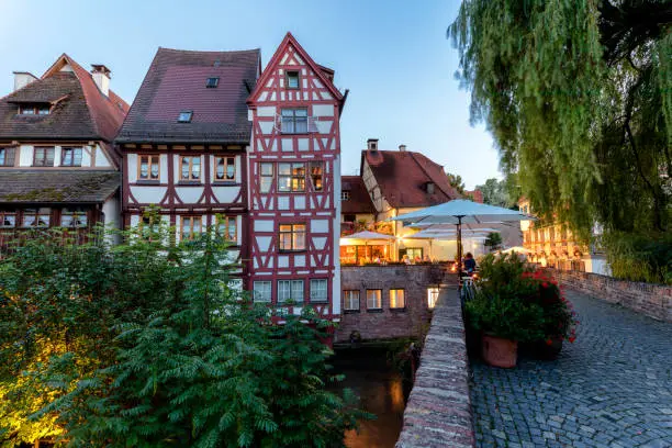 Old houses in the famous Ulm fishing district, Fischerviertel, Baden-Wurttemberg, Germany, HDR imaging