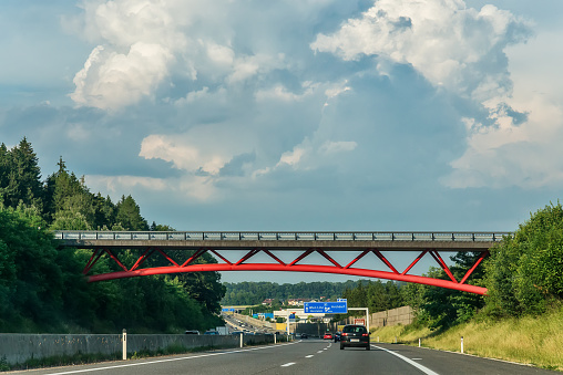 Salzburg, Austria June 10, 2018: Austrian motorway with directions to go to the city of Vienna and Linz