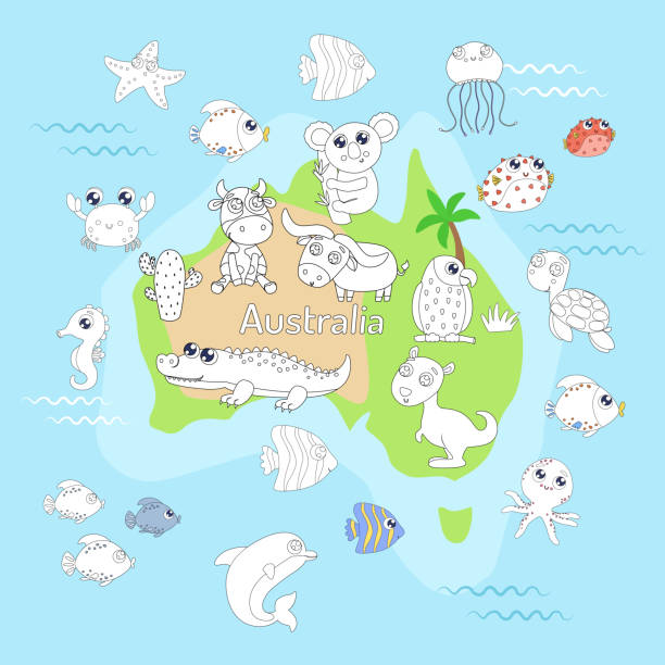 kolorowanka z mapą zwierząt australii dla dzieci. - coloring book coloring book australia stock illustrations