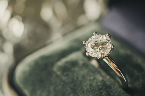 istock luxury engagement Diamond ring in jewelry gift box with bokeh light background 1011590322