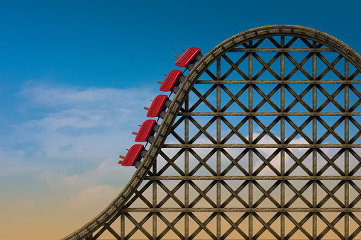 3d rendering of a wooden roller coaster.