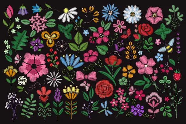 Vector illustration of Embroidery elements. Flowers, leaves, dragonflies, butterflies embroidered on black background. Floral motifs for creating handmade design.Fashion design. Vector embroidered illustration