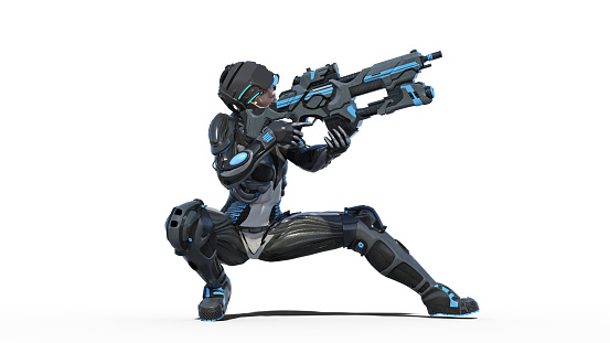Futuristic female soldier, military woman armed with rifle shooting on white background, sci-fi girl, 3D rendering