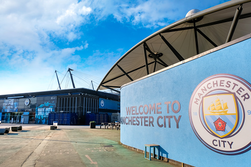 Manchester, United Kingdom - May 19 2018: Manchester City Football Club founded in 1880 in Manchester, UK. which has the Etihad Stadium as its own home ground.