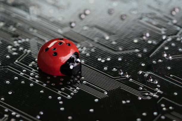 Computer bug, failure or error of software and hardware concept, miniature red ladybug on black computer motherboard PCB with soldering, programmer can debug to search for cause of error stock photo