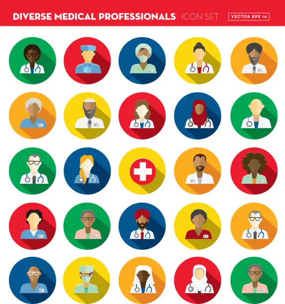 Vector illustration of Flat Design Diverse Medical Professionals themed Icon Set with shadow