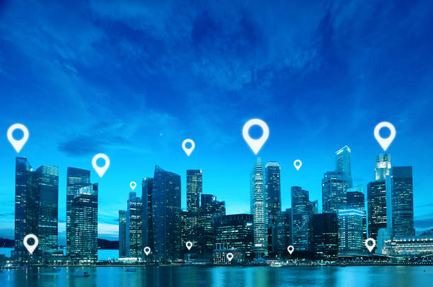 istock Location or Map pin flat above blue tone city scape 1011640228