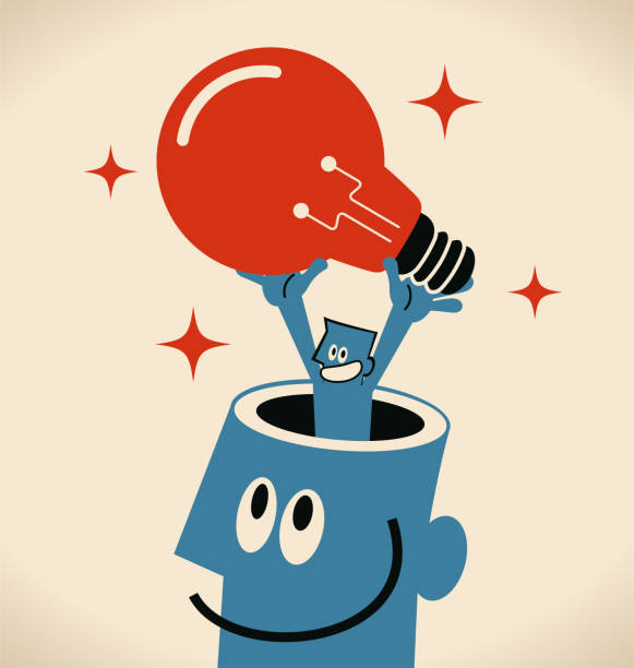 Businessman from giant man's opened head carrying a big idea light bulb Blue Little Guy Characters Full Length Vector art illustration.Copy Space.
Businessman from giant man's opened head carrying a big idea light bulb. giant fictional character stock illustrations