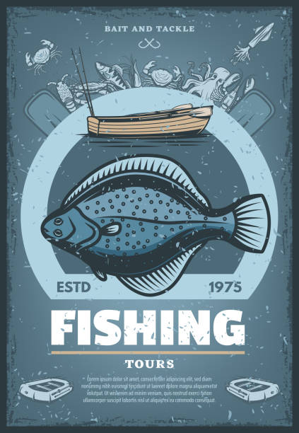 illustrazioni stock, clip art, cartoni animati e icone di tendenza di poster vintage vettoriale per tour di pesca - catch of fish fish tuna sea bream