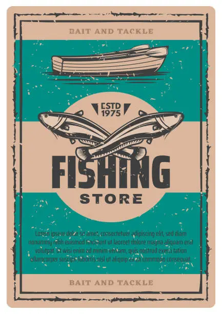 Vector illustration of Vector vintage poster of fishing boat and fish