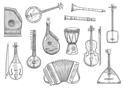 Musical instruments sketches set. Vector button accordion, reed pipe or folk bandura and African jembe drum, Japanese shamisen and banjo guitar or zither for live music or concert performance