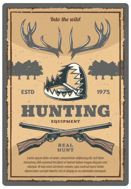 Vector illustration of Vector vintage poster of hunting equipment