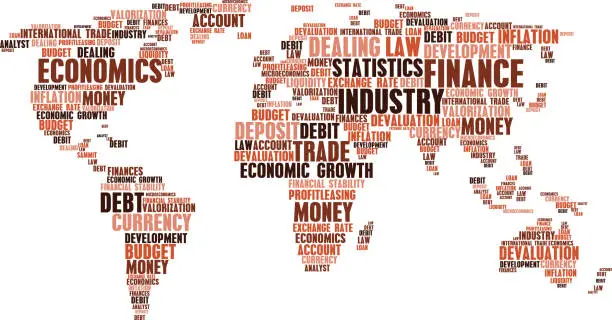 Vector illustration of Business, finance word cloud tags, world map shape