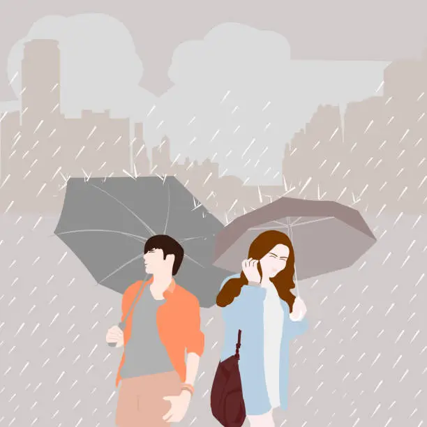 Vector illustration of Man with umbrella and women with umbrella on rainy season in the city