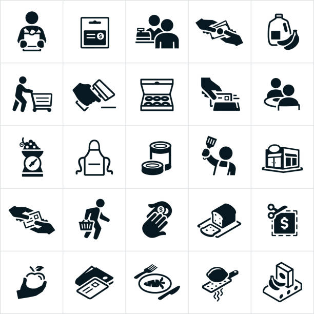 Grocery Shopping Icons A set of grocery shopping and supermarket icons. The icons include customers, shoppers, shopping for groceries, groceries, milk, produce, shopping cart, grocery bag, doughnuts, couple eating, apron, cooking, paying, buying, coupon and other related icons. grocery store cashier stock illustrations