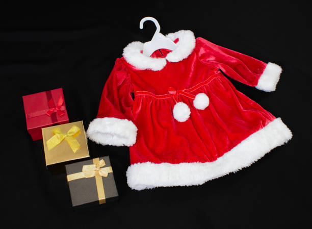 istock Christmas child red dress with gift boxes 1011667786