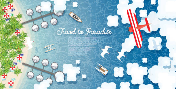 Maldives Summer Background with Sea, Tropical Beach, Palms, Hotel, Clouds and Airplane. Maldives Summer Background with Sea, Tropical Beach, Palms, Hotel, Clouds and Airplane. Aerial View. Vector Illustration. Gulls Flying Over the Sea. tropical beach and clouds scene stock illustrations