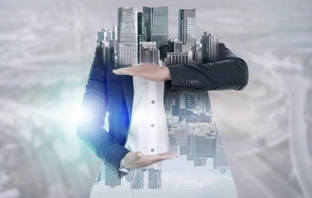 istock Surreal businessman open hand for your text. 1011683288
