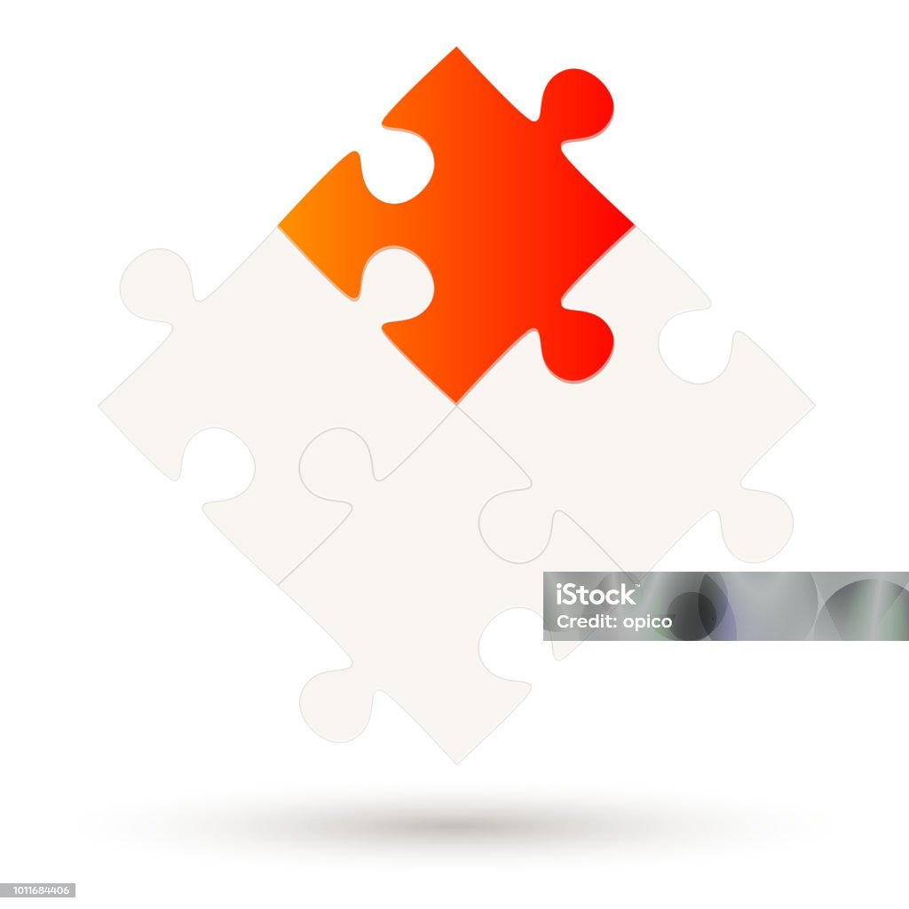 Puzzle with 4 parts and one option Puzzle with four parts and one red colored option Jigsaw Piece stock vector