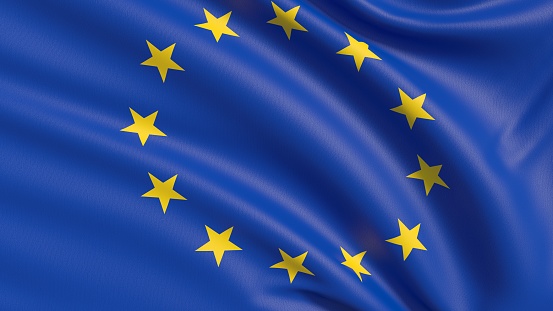International border of European Union textured with European Union Flag on white background. Horizontal composition with clipping path and copy space.