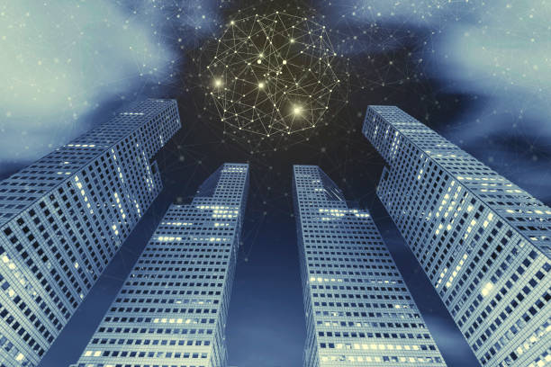 istock Connection technology background concept. High modern building in city at night with connection icons in the sky with cloud. Communication. Picture for add text message. Backdrop for design art work. 1011696814