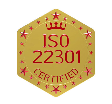 ISO 22301 standard, societal security, business continuity management system, 3D render, isolated on white