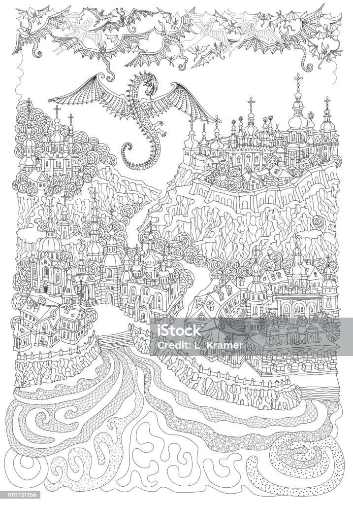 Vector black and white outline contoured fantasy landscape, fairy tale small town buildings, church on the river bank, angels and demons in the sky. T shirt print. Adults and Children Coloring Book page Church stock vector