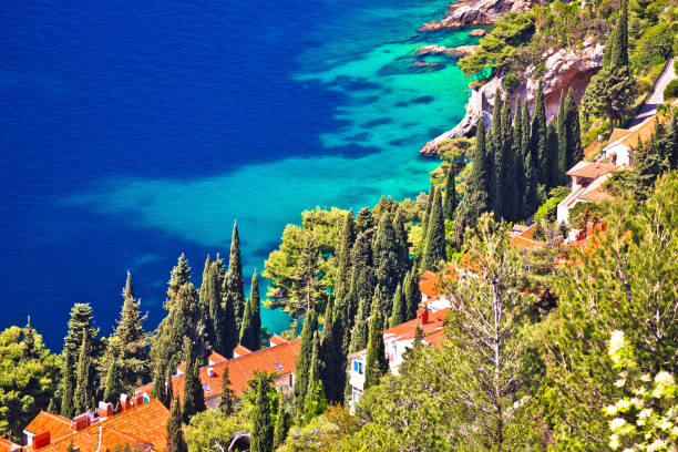 vista aérea do litoral colorido dubrovnik, praia turquesa e cipreste na região da dalmácia croácia - ploce - fotografias e filmes do acervo